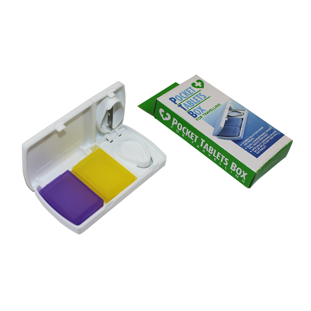 Tablet pocket box with pill splitter